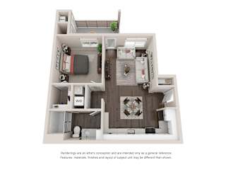 A floor plan of a small apartment with a kitchen, living room, and bathroom.