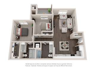 A 3D rendered image of a house layout.