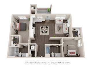 A 3D floor plan of a house with a kitchen, living room, and bedrooms.