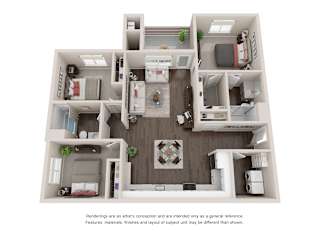 A 3D rendered image of a house layout.