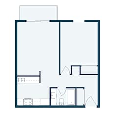 A floor plan of a house with a kitchen, living room, and two bedrooms.