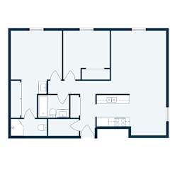 A floor plan of a house with a kitchen, living room, and two bedrooms.