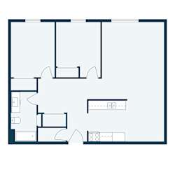 A floor plan of a house with a kitchen, living room, and two bedrooms.