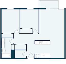 a floor plan of a living room with a bedroom and a kitchen and an open