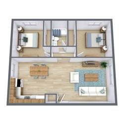 a 3d drawing of a bedroom with a living room