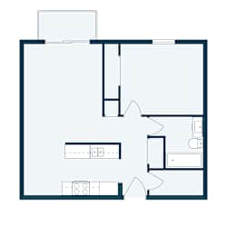 A floor plan of a house with a kitchen, living room, and two bedrooms.