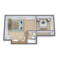 a bedroom with a bathroom and a living room