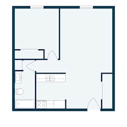 Floor plan of a room with a bedroom and a living room