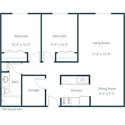 Oak Court Apartments | Two Bedroom 800 Sq. Ft. Floor Plan A