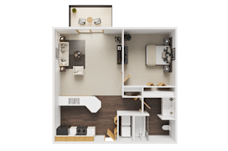 A 3D rendered image of a small apartment layout.