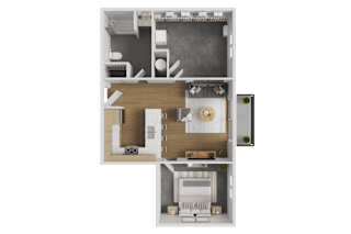 A top-down view of a house layout with a kitchen, living room, and bathroom.