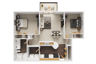 A detailed 3D model of a house layout with various rooms and furniture.