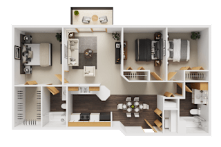 A detailed 3D floor plan of a modern apartment layout.