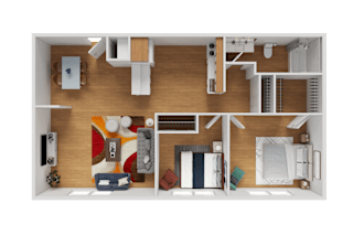 A top-down view of a small apartment with a kitchen, living room, and bedroom.