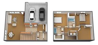 A floor plan of a two-bedroom apartment with a garage for one car.