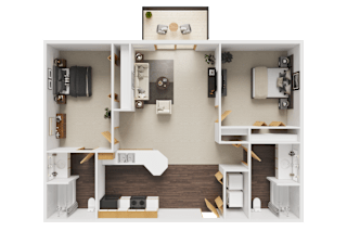 A 3D floor plan of a small apartment with a kitchen, living room, and bathroom.