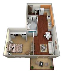 a 3d drawing of a 1 bedroom floor plan
