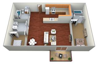 a layout of a 3d floor plan with a bedroom and a living room