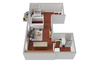 A 3D floor plan of a house with a kitchen, living room, and two bedrooms.
