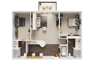 A 3D floor plan of a small apartment with a kitchen, living room, and bedroom.