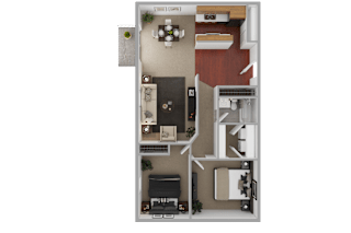 A top-down view of a small apartment layout with a kitchen, living room, and bedroom.