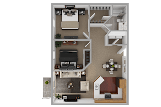 A top-down view of a small apartment layout with a kitchen, living room, and bedroom.