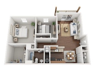 A 3D floor plan of a small apartment with a kitchen, living room, and bedroom.