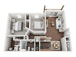A 3D floor plan of a house showing a living room, two bedrooms, a kitchen, and a bathroom.