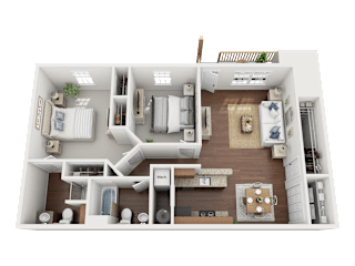 A 3D floor plan of a small apartment with a kitchen, living room, and bathroom.