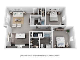 A 3D floor plan of an apartment with two bedrooms and a living area.