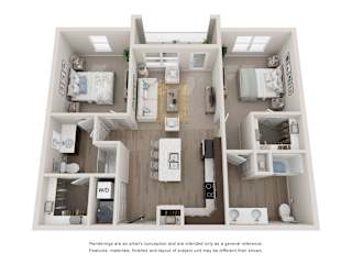 A 3D floor plan of an apartment with two bedrooms and a living area.