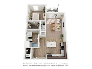 A floor plan of a small apartment with a kitchen, living room, and bathroom.
