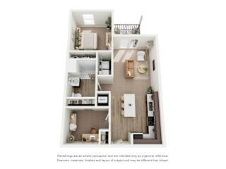 A diagram of a house layout with a kitchen, living room, and bathroom.