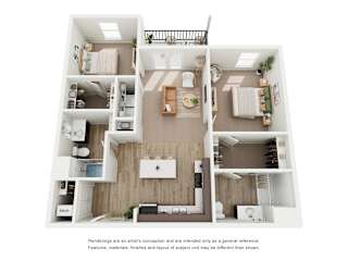 A floor plan of a two-bedroom apartment with a kitchen, living room, and bathroom.