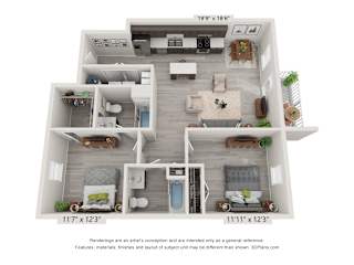 A 3d rendering of a 2 bedroom main level apartment