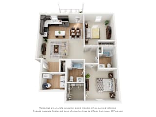 A 3D floor plan of a small apartment with a kitchen, living room, and bathroom.