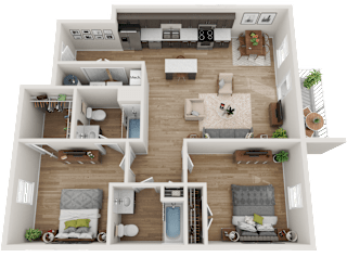 A 3D floor plan of a house with multiple rooms and furniture.