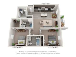 A 3D floor plan of a small apartment with two bedrooms, a living room, and a kitchen.