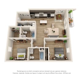 A 3D floor plan of a house with two bedrooms, a living room, a kitchen, and a bathroom.