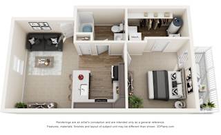 A 3D floor plan of a house with a kitchen, living room, and bedrooms.