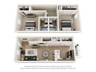 A 3D floor plan of a house with two bedrooms, a living room, a kitchen, and a bathroom.