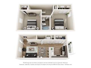 A 3D floor plan of a small apartment with two bedrooms and a living room.