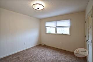A bedroom with white walls, closet, and carpet.