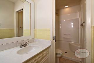 A bathroom with a sink, mirror, and shower.