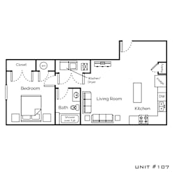 a floor plan of a studio apartment with a bedroom and living room
