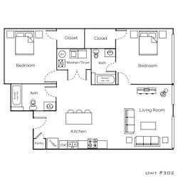 a floor plan of a bedroom apartment with a living room and a dining room