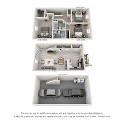 A 3d rendering of a 3 bedroom townhome with a garage