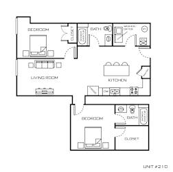 a floor plan of two bedrooms with a bathroom and a living room