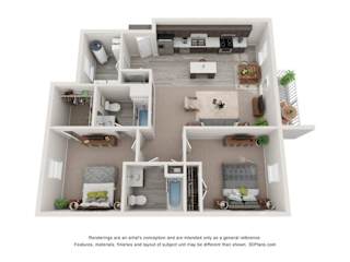 A 3D floor plan of a house with a kitchen, living room, and two bedrooms.