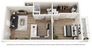 A top down view of a modern apartment layout.